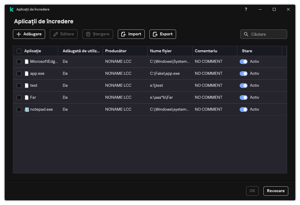 O fereastră cu lista aplicațiilor de încredere. Utilizatorul poate adăuga, edita sau elimina o aplicație de încredere.
