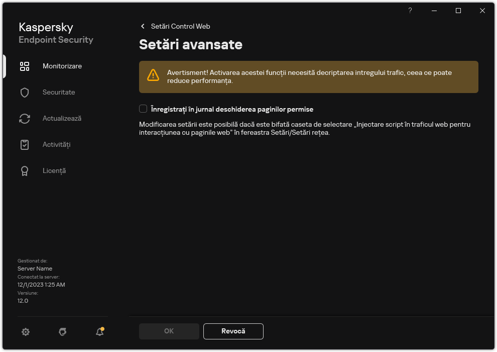Fereastra de setări avansate Control Web.