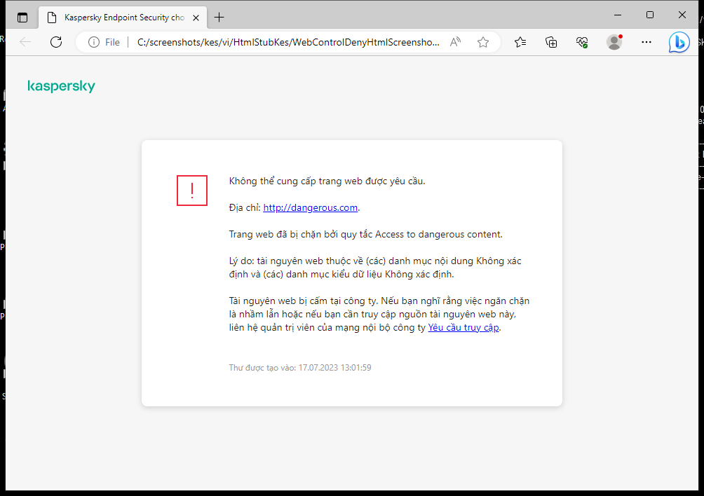 Thông báo của Kaspersky về việc chặn truy cập trang web trong cửa sổ trình duyệt. Người dùng có thể tạo một yêu cầu truy cập tài nguyên web.