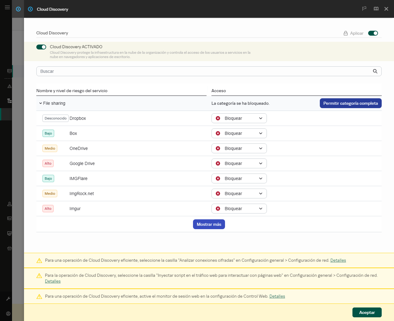 Ventana de configuración de Cloud Discovery. El usuario puede configurar el acceso de los usuarios a los servicios en la nube.