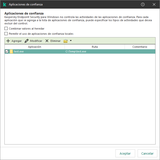 Una ventana con la lista de aplicaciones de confianza. El usuario puede agregar, editar o quitar una aplicación de confianza.