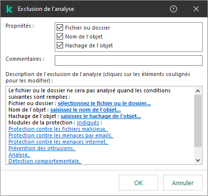 Une fenêtre avec des outils de sélection d'exclusion. L'utilisateur peut sélectionner un fichier ou un dossier, saisir un nom d'objet ou un hachage.