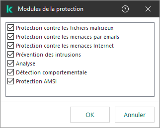 Une fenêtre avec la liste des modules de l'application. L'exclusion s'applique au fonctionnement de certains modules uniquement.