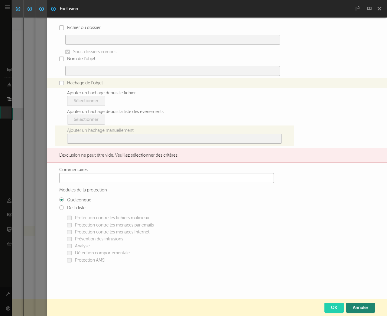 Une fenêtre avec des outils de sélection d'exclusion. L'utilisateur peut sélectionner un fichier ou un dossier, saisir un nom d'objet ou un hachage.