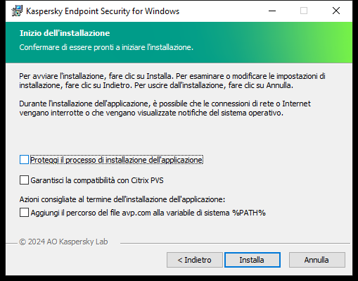 Finestra delle impostazioni di installazione: protezione dell'installazione, compatibilità con Citrix PVS, variabile di sistema per avp.com.