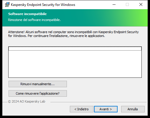 Finestra del programma di installazione con un elenco di software incompatibile. L'utente può avviare la rimozione del software incompatibile.