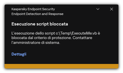 Notifica sull'esecuzione di script bloccati. L'utente può visualizzare informazioni dettagliate sulla regola.