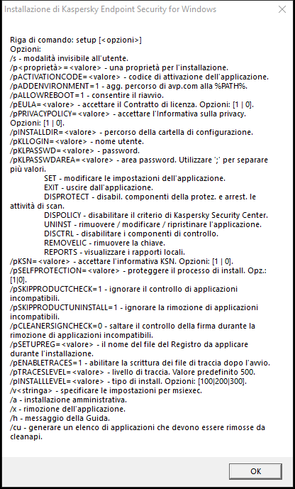 Finestra con le descrizioni delle opzioni di comando per installare l'applicazione tramite CMD.