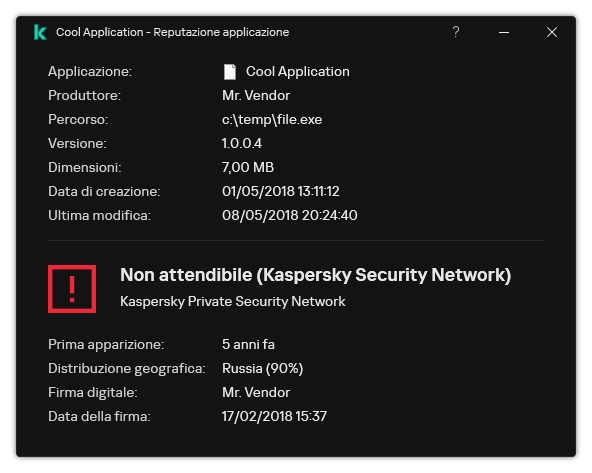 La finestra contiene informazioni sulla reputazione del file e altri dati, come la presenza di una firma digitale.