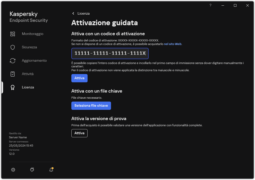 Finestra con gli strumenti di attivazione dell'applicazione. L'utente può immettere un codice di attivazione o selezionare un file chiave.