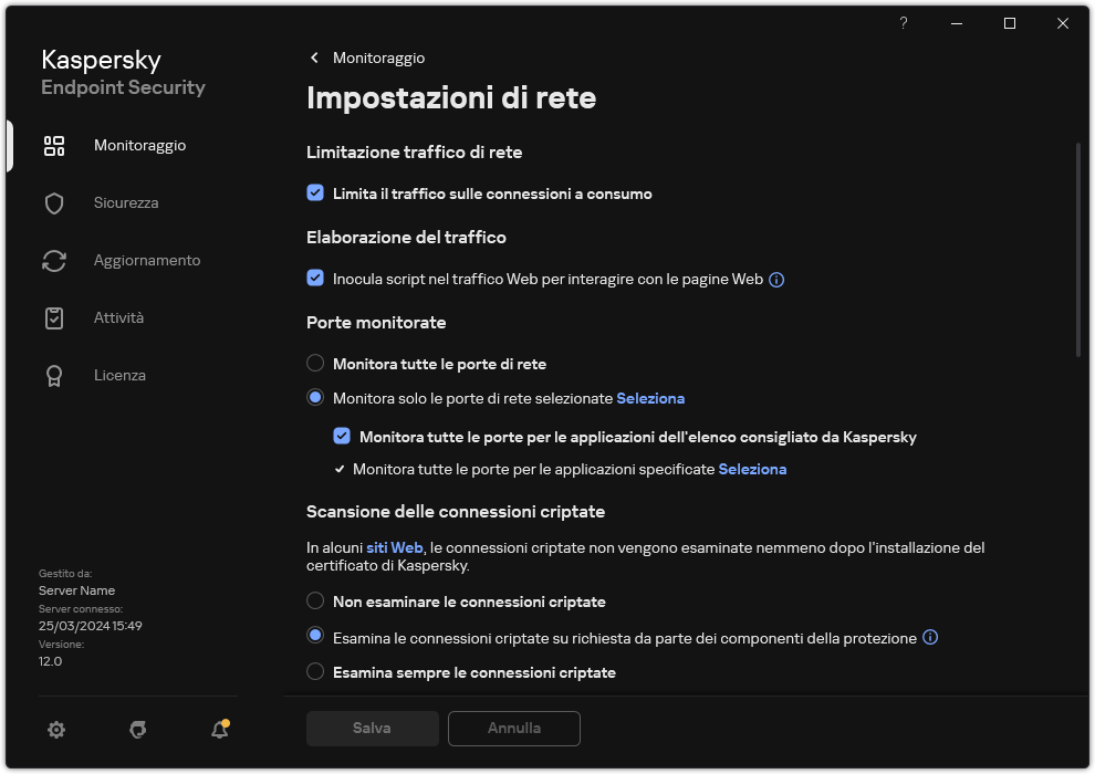 Finestra delle impostazioni di rete dell'applicazione.