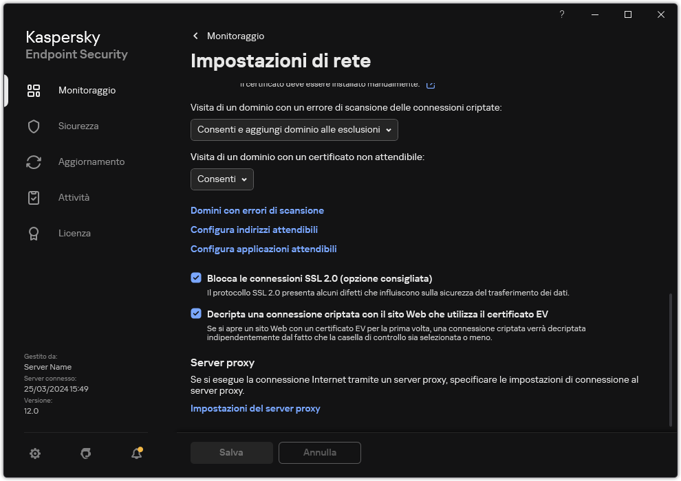 Finestra delle impostazioni di rete dell'applicazione.