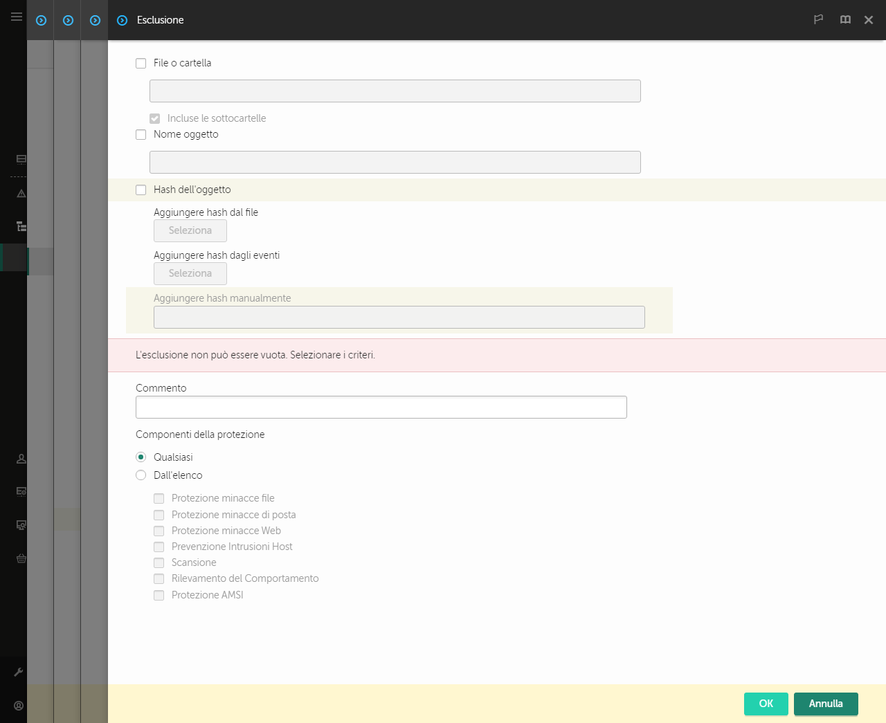 Una finestra con gli strumenti di selezione delle esclusioni. L'utente può selezionare un file o una cartella, inserire un hash o un nome dell'oggetto.