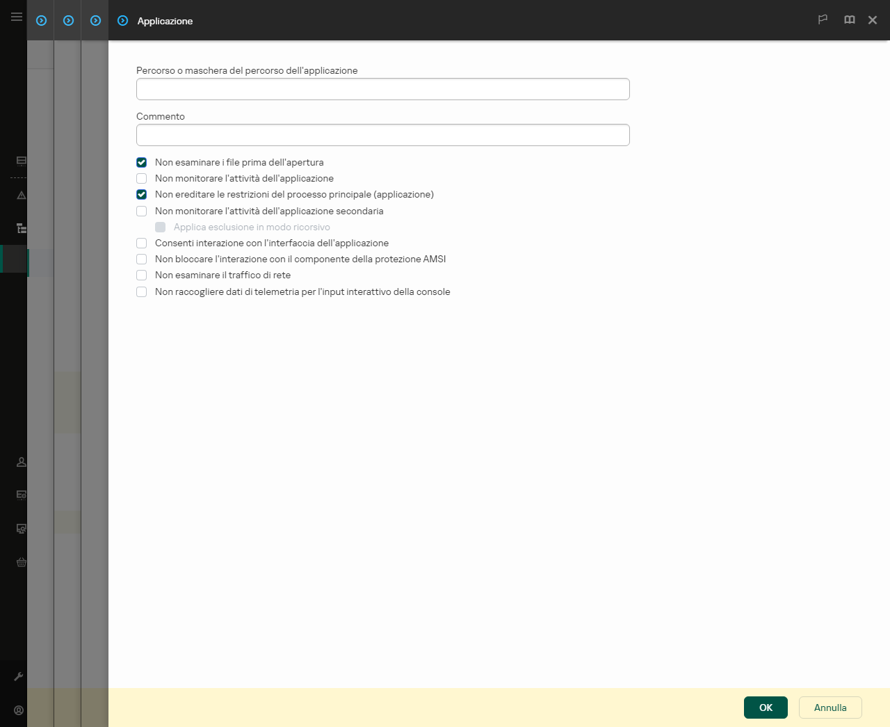 Una finestra con un campo in cui è possibile inserire il percorso dell'applicazione attendibile. È possibile utilizzare maschere.