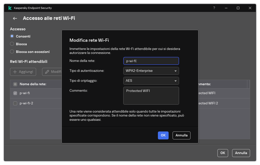 La finestra contiene le impostazioni della rete Wi-Fi attendibile.