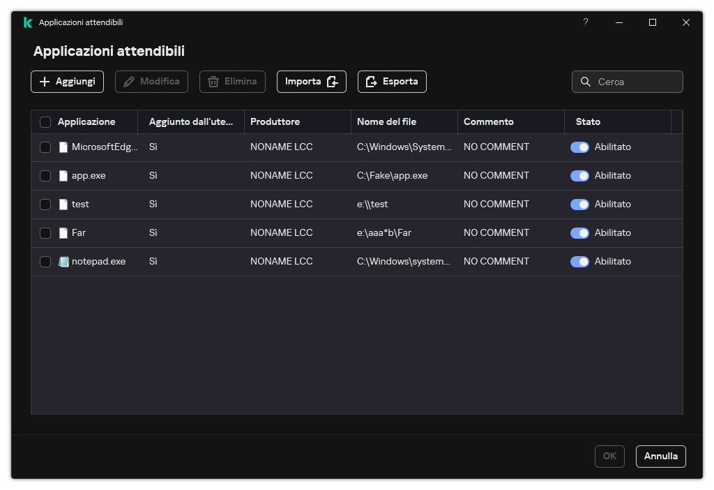 Una finestra con l'elenco delle applicazioni attendibili. L'utente può aggiungere, modificare o rimuovere un'applicazione attendibile.