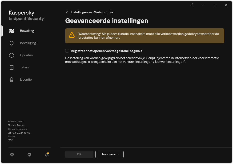 Webcontrole geavanceerde instellingen venster.