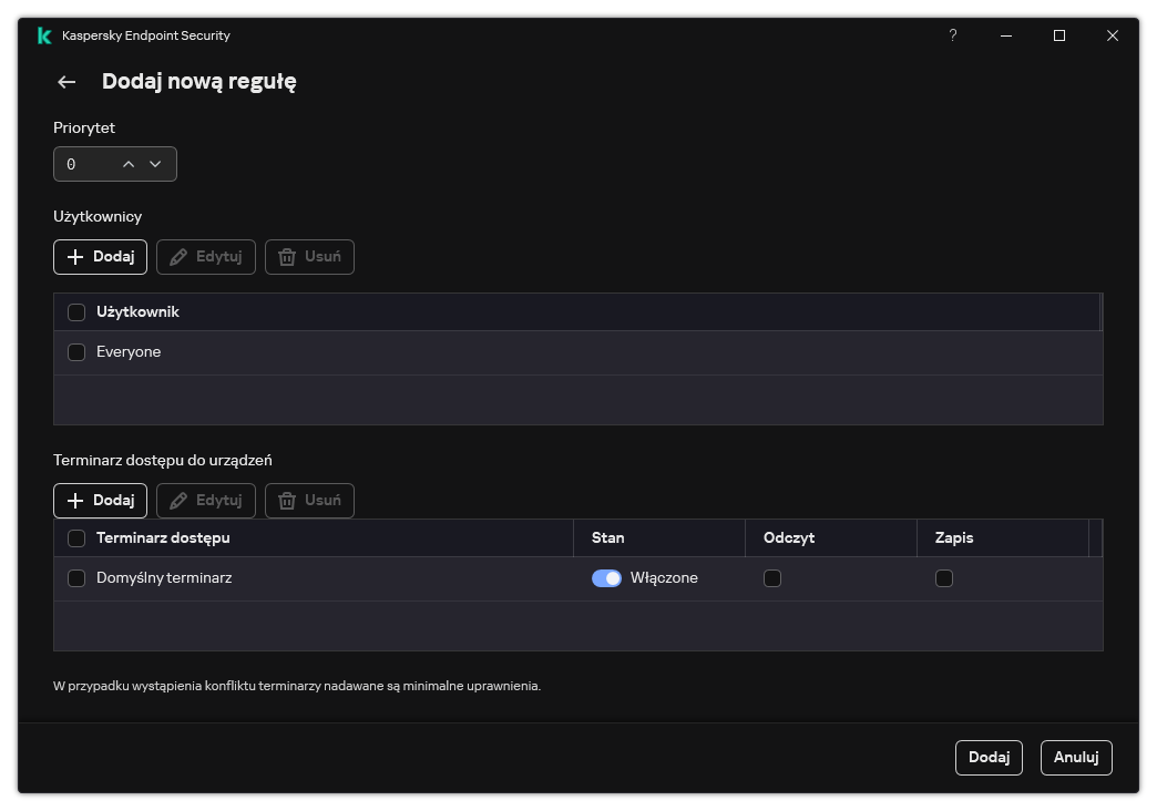 Okno konfiguracji reguły Kontrola urządzeń. Użytkownik może przypisać priorytet reguły, dodać użytkowników do reguły i ustawić terminarz reguły.