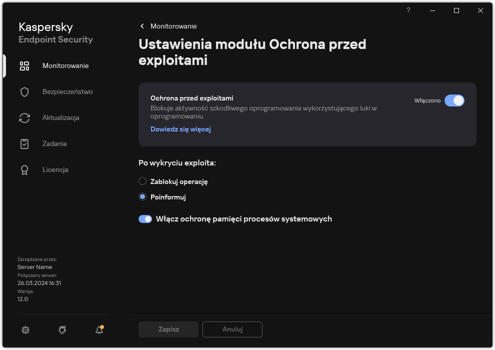 Okno ustawień modułu Ochrona przed exploitami