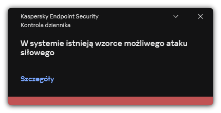 Powiadomienie o możliwym ataku brute-force. Użytkownik może przeglądać szczegółowe informacje o regule.