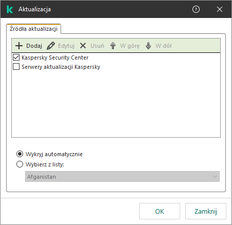 Okno z listą źródeł aktualizacji. Użytkownik może dodawać źródła aktualizacji i przypisywać im priorytet.