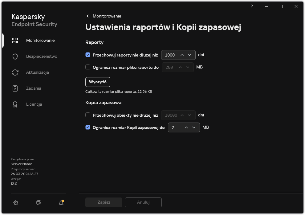 Okno ustawień Raportów i Kopii zapasowej. Użytkownik może ustawić rozmiar i ograniczyć czas przechowywania raportów i obiektów w repozytorium.