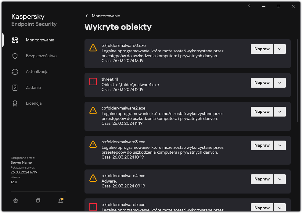 Okno z listą wykrytych obiektów. Wyświetlane są informacje o obiekcie. Użytkownik może rozwiązać lub usunąć obiekt.