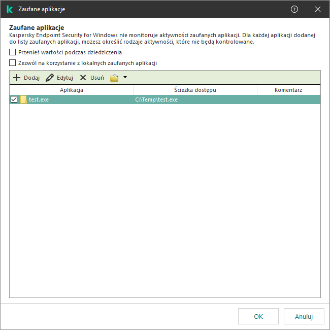 Okno z listą zaufanych aplikacji. Użytkownik może dodawać, edytować lub usuwać zaufaną aplikację.