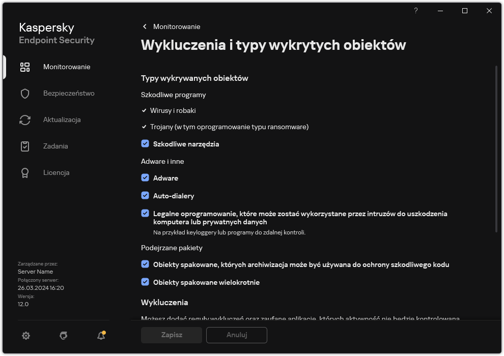 Okno ustawień wykluczeń. Użytkownik może wybrać typy wykrywanych obiektów oraz dodawać obiekty do wykluczeń.