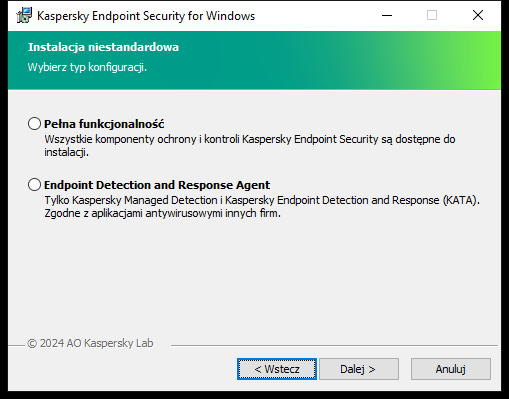 Okno instalatora umożliwiające konfigurację aplikacji: pełna funkcjonalność lub Endpoint Detection and Response Agent.