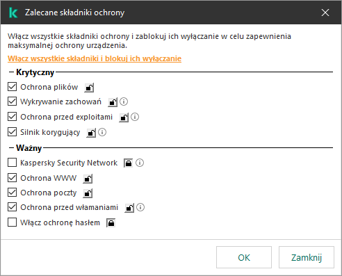 Okno umożliwiające włączenie zalecanych składników ochrony. Możesz włączyć wszystkie składniki ochrony i zapobiec ich wyłączeniu.