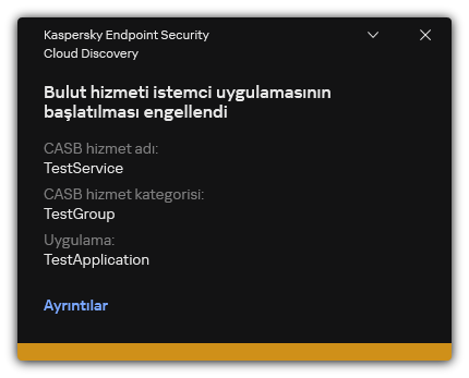 Bulut hizmeti engelleme bildirimi. Kullanıcı, kuralla ilgili ayrıntılı bilgileri görüntüleyebilir.