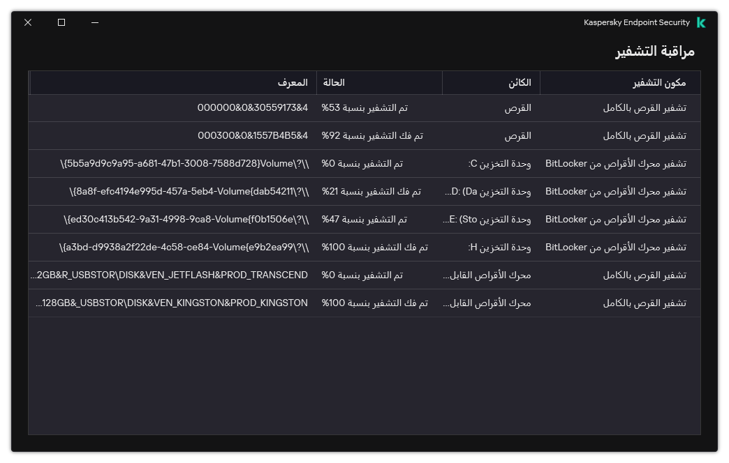 نافذة بها قائمة محركات الأقراص التي يعمل عليها التشفير. ويتم عرض تقنية التشفير والحالة ومُعرف محرك الأقراص.