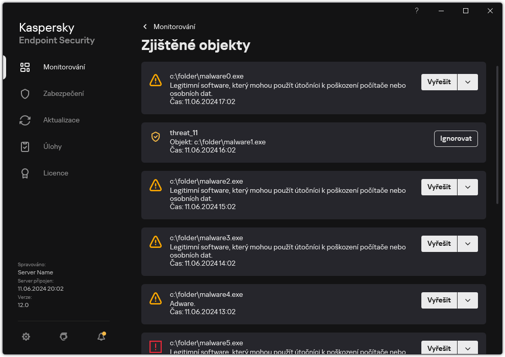 Okno se seznamem zjištěných objektů. Zobrazí se informace o objektu. Uživatel může objekt vyřešit nebo odstranit.