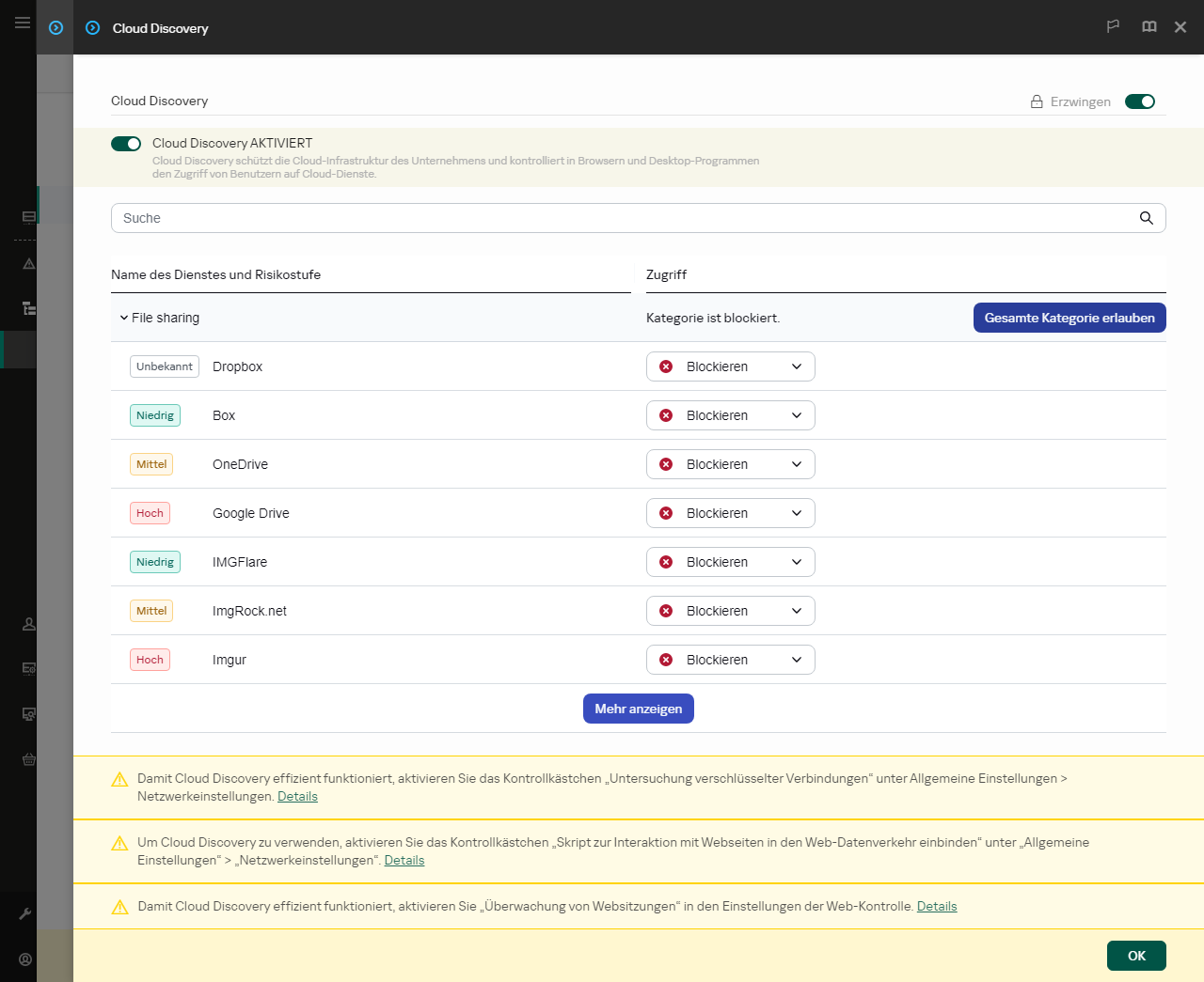 Fenster mit den Einstellung für Cloud Discovery. Der Benutzer kann den Zugriff von Benutzern auf Cloud-Dienste konfigurieren.