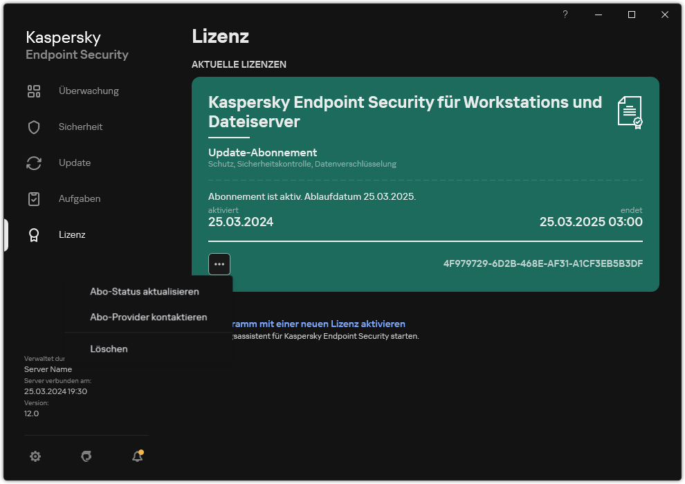 Das Fenster mit Informationen zur Lizenz. Der Benutzer kann den Abo-Status aktualisieren, den Abo-Anbieter kontaktieren oder die Lizenz entfernen.