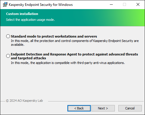 Installer window with configuration of the application: full functionality or Endpoint Detection and Response Agent.