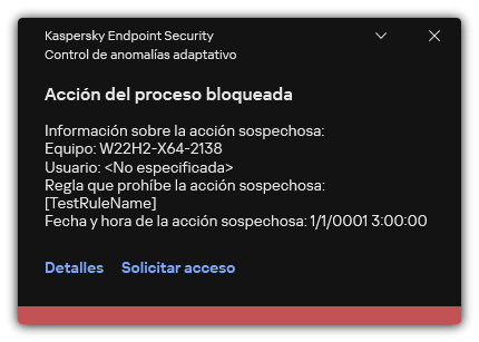 Notificación sobre la activación de una regla. El usuario puede crear una solicitud para permitir una acción de proceso.