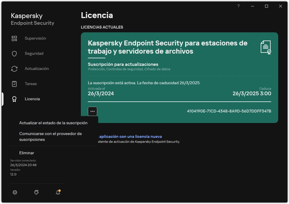 La ventana con información acerca de la licencia. El usuario puede actualizar el estado de la suscripción, ponerse en contacto con el proveedor de la suscripción o eliminar la licencia.