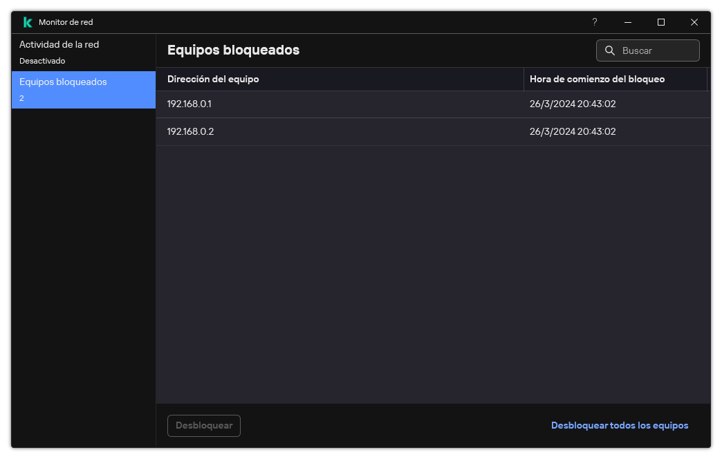 Ventana Monitor de red con una lista de equipos bloqueados. Puede desbloquear equipos individuales o todos los equipos.