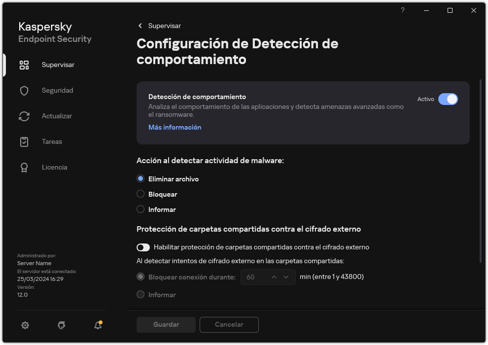 Ventana de configuración de Detección de comportamiento.