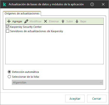 Una ventana con la lista de orígenes de actualizaciones. El usuario puede agregar orígenes de actualizaciones y asignar una prioridad a la fuente.