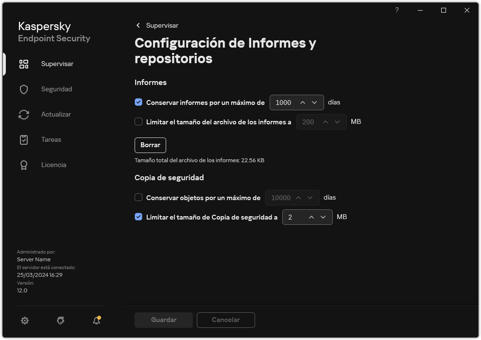 Ventana Configuración de informes y repositorios. El usuario puede establecer el tamaño y limitar el tiempo de almacenamiento de informes y objetos en el repositorio.