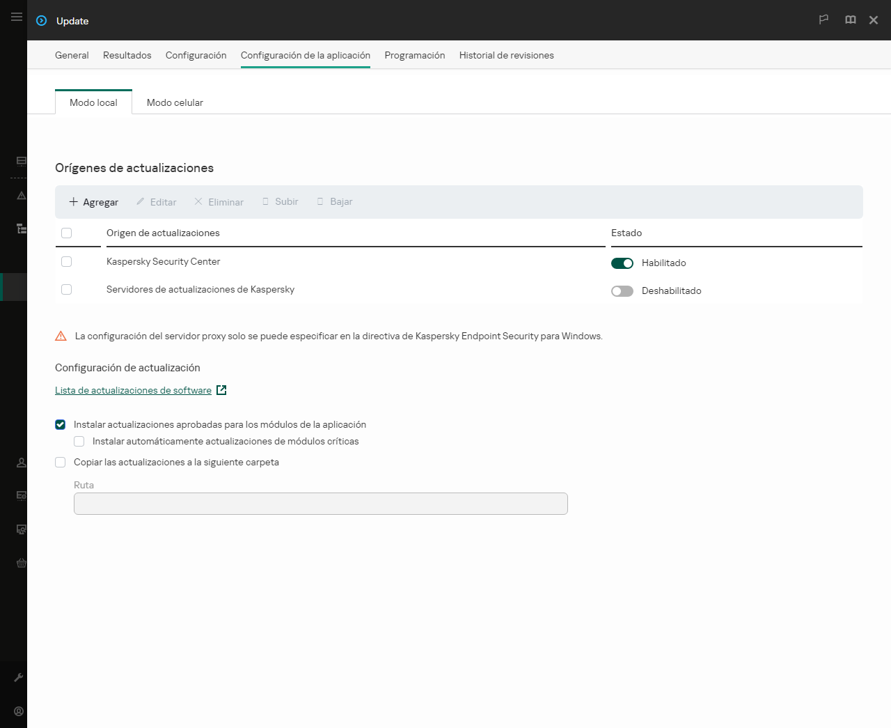 Una ventana con la lista de orígenes de actualizaciones. El usuario puede agregar orígenes de actualizaciones y asignar una prioridad a la fuente.