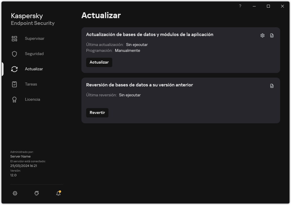 Una ventana con la lista de tareas de actualización local. El usuario puede iniciar la actualización de bases de datos y módulos de la aplicación, así como revertir la última actualización.