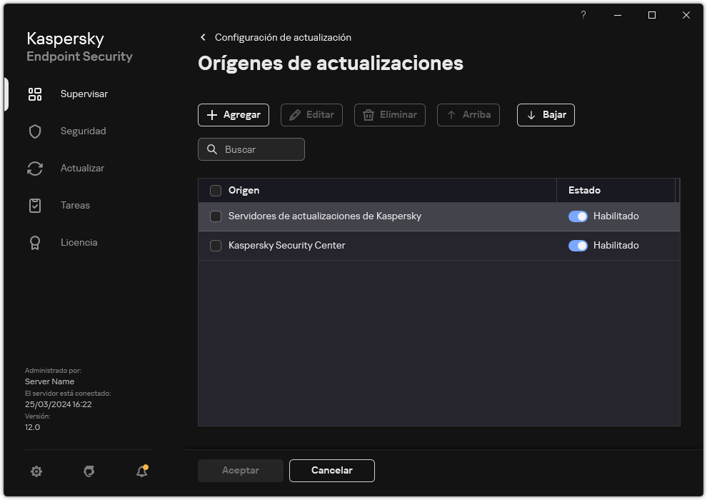 Una ventana con la lista de orígenes de actualizaciones. El usuario puede agregar orígenes de actualizaciones y asignar una prioridad a la fuente.