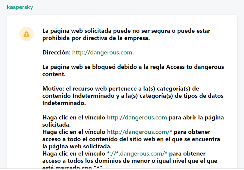 Notificación de Kaspersky sobre la visita a una página web posiblemente insegura en la ventana del navegador. El usuario puede crear una solicitud para acceder al recurso web.