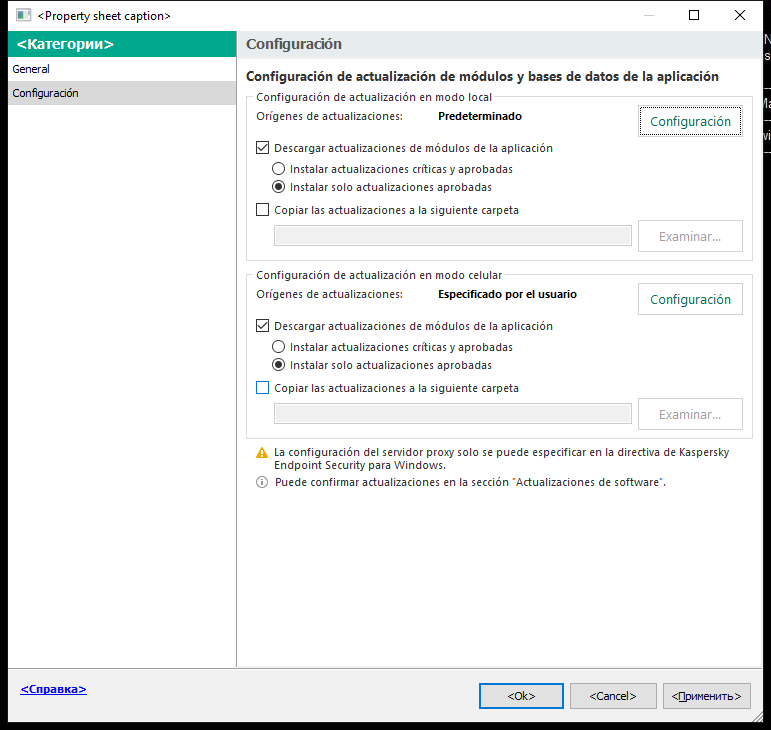 La ventana Configuración de la tarea de actualización. El usuario puede configurar la actualización en los modos local y móvil.