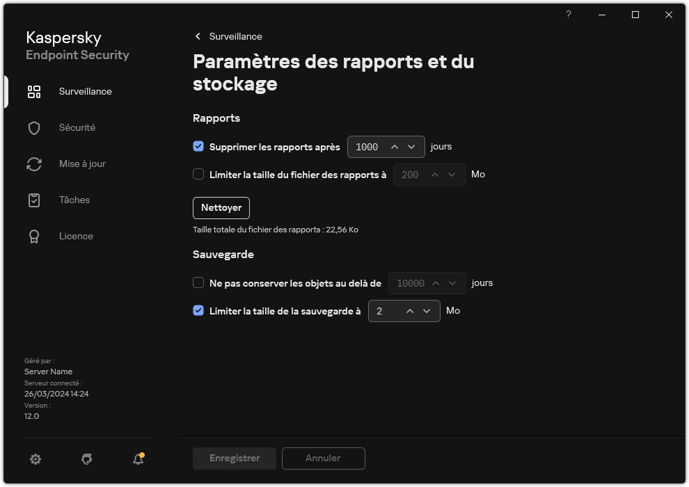 Fenêtre des paramètres des rapports et du stockage. L'utilisateur peut définir la taille, et limiter la durée de stockage des rapports et des objets dans le stockage.