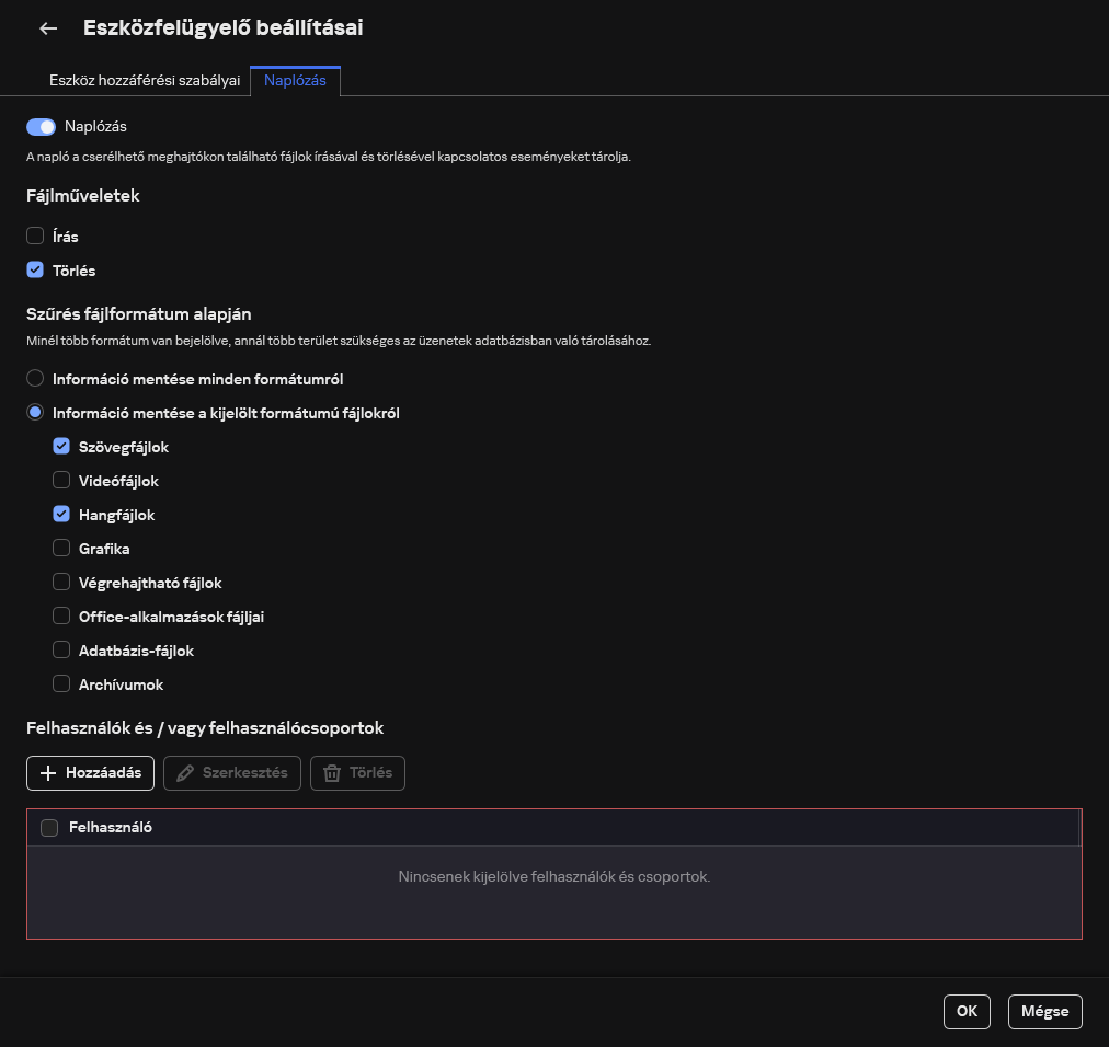 A cserélhető meghajtók használatával kapcsolatos események naplózásának konfigurálására szolgáló ablak. A felhasználó kiválaszthatja a naplózandó eseményeket.